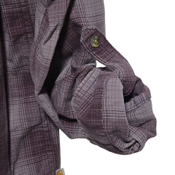 Carhartt Plaid Button Front Shirt Womens Size Large Purple Roll Tab Sleeve - Picture 5 of 7
